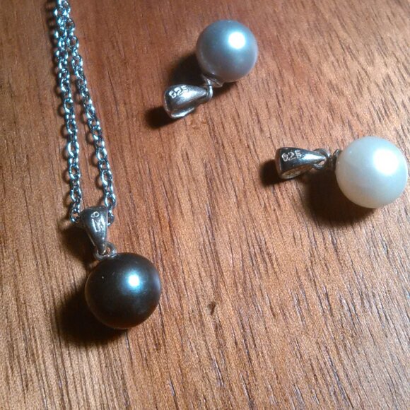 Various Color Pearl Sterling Silver Three Pendant Set Stainless Steel Necklace - Picture 4 of 10